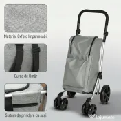 HOMCOM Cărucior de Cumpărături Pliabil din Aluminiu cu Roți, Geantă de 46L, Compartiment Frigorific, Mâner Reglabil, Gri | Aosom Romania