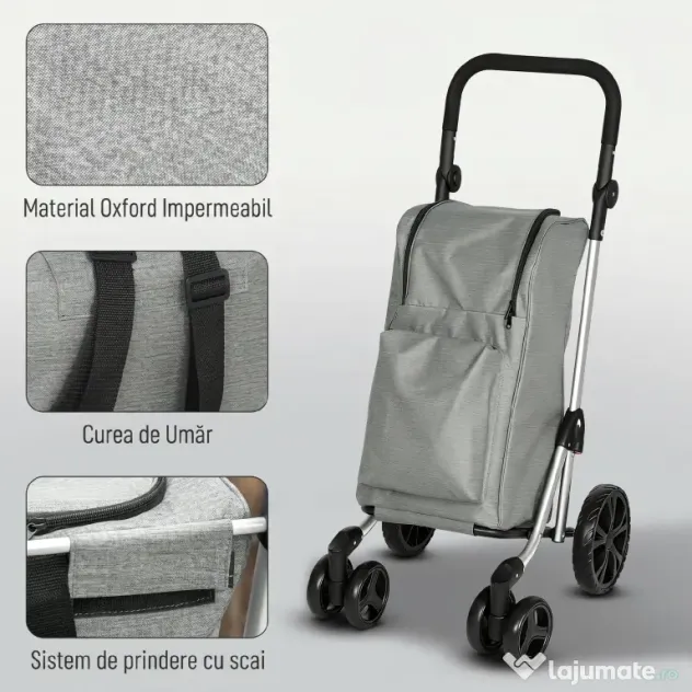 HOMCOM Cărucior de Cumpărături Pliabil din Aluminiu cu Roți, Geantă de 46L, Compartiment Frigorific, Mâner Reglabil, Gri | Aosom Romania