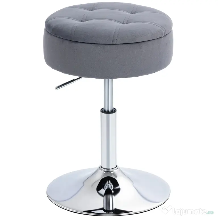 HOMCOM Round Bar Stool, Height Adjustable Swivel Pub Chair with Storage and Metal Base, Backless Tufted Makeup Stool for Breakfast Counter, Kitchen Island, Bedroom, Living Room, Grey | Aosom Romania
