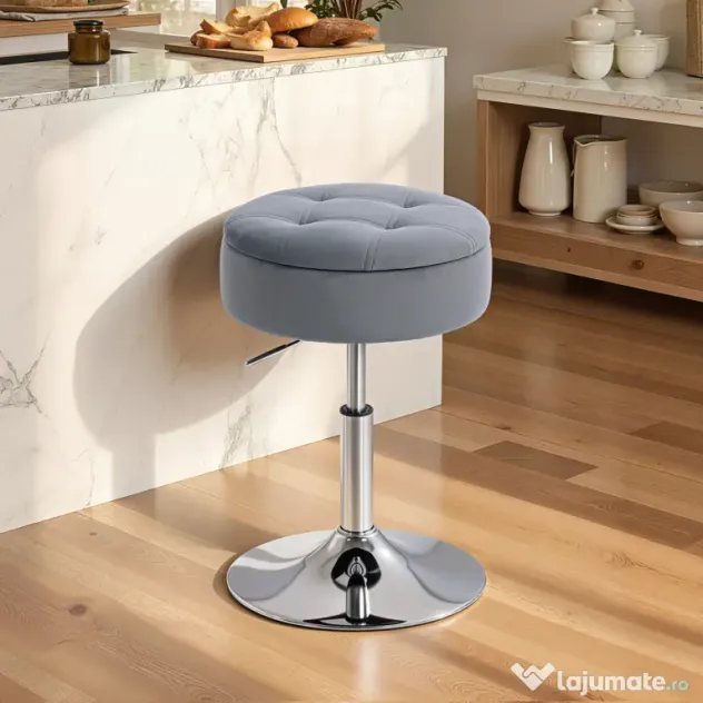 HOMCOM Round Bar Stool, Height Adjustable Swivel Pub Chair with Storage and Metal Base, Backless Tufted Makeup Stool for Breakfast Counter, Kitchen Island, Bedroom, Living Room, Grey | Aosom Romania