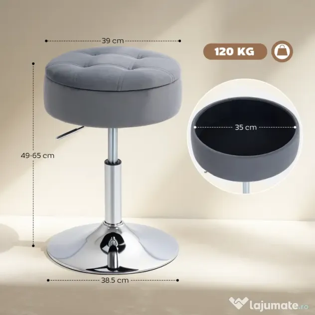 HOMCOM Round Bar Stool, Height Adjustable Swivel Pub Chair with Storage and Metal Base, Backless Tufted Makeup Stool for Breakfast Counter, Kitchen Island, Bedroom, Living Room, Grey | Aosom Romania