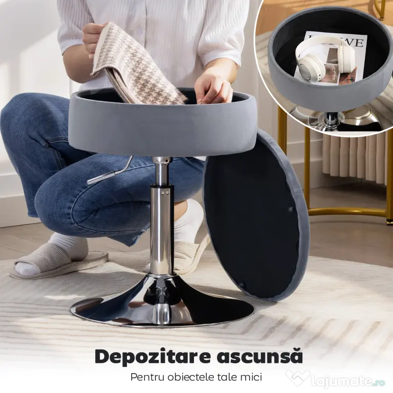 HOMCOM Round Bar Stool, Height Adjustable Swivel Pub Chair with Storage and Metal Base, Backless Tufted Makeup Stool for Breakfast Counter, Kitchen Island, Bedroom, Living Room, Grey | Aosom Romania