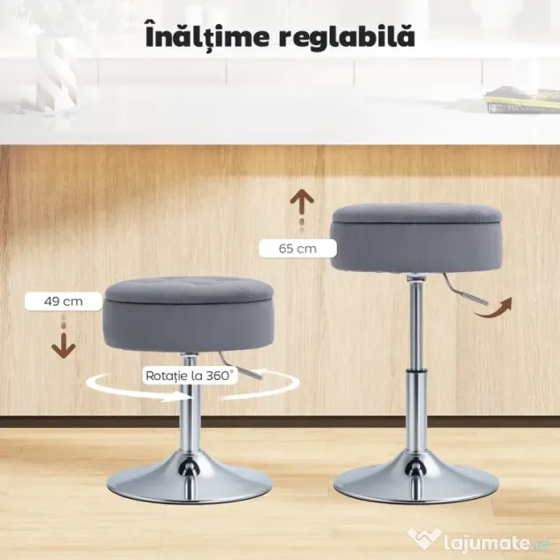 HOMCOM Round Bar Stool, Height Adjustable Swivel Pub Chair with Storage and Metal Base, Backless Tufted Makeup Stool for Breakfast Counter, Kitchen Island, Bedroom, Living Room, Grey | Aosom Romania