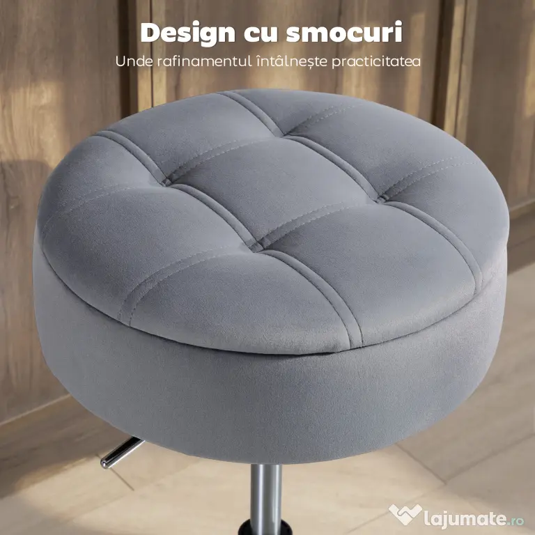 HOMCOM Round Bar Stool, Height Adjustable Swivel Pub Chair with Storage and Metal Base, Backless Tufted Makeup Stool for Breakfast Counter, Kitchen Island, Bedroom, Living Room, Grey | Aosom Romania