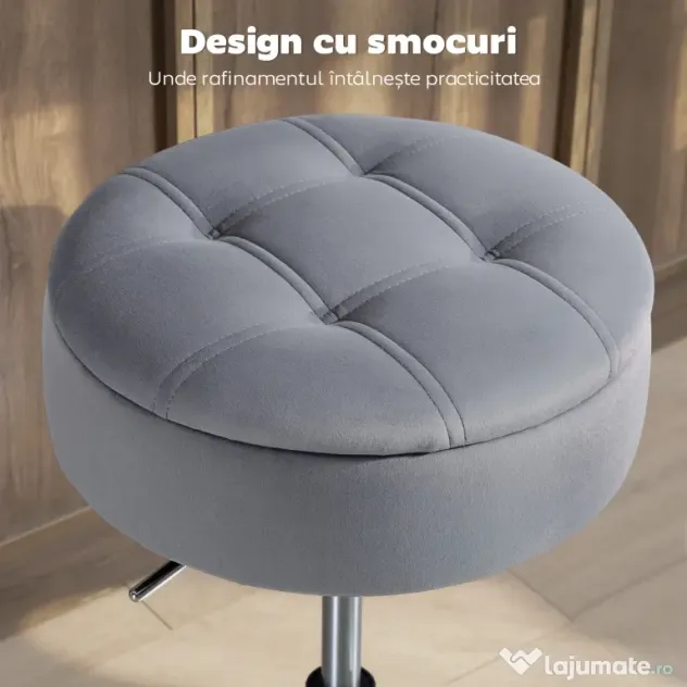 HOMCOM Round Bar Stool, Height Adjustable Swivel Pub Chair with Storage and Metal Base, Backless Tufted Makeup Stool for Breakfast Counter, Kitchen Island, Bedroom, Living Room, Grey | Aosom Romania