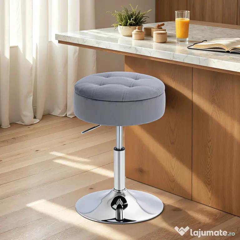 HOMCOM Round Bar Stool, Height Adjustable Swivel Pub Chair with Storage and Metal Base, Backless Tufted Makeup Stool for Breakfast Counter, Kitchen Island, Bedroom, Living Room, Grey | Aosom Romania