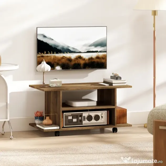 HOMCOM Suport TV Modern cu Rafturi, Roți Pivotante și Frâne, 80x40x40 cm, Nuc | Aosom Romania