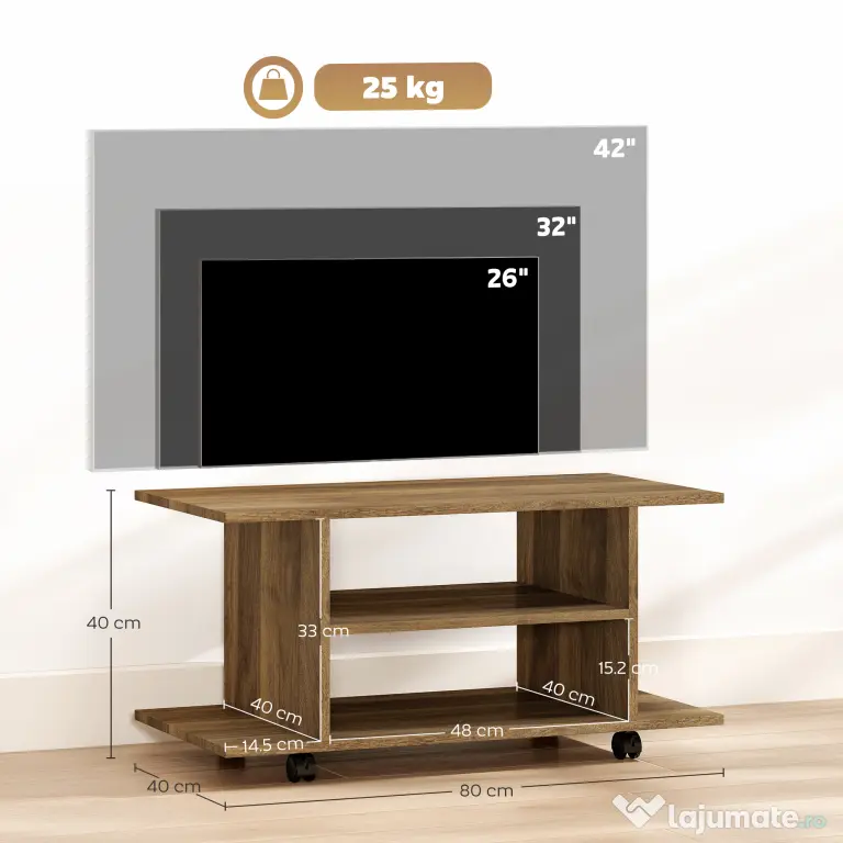 HOMCOM Suport TV Modern cu Rafturi, Roți Pivotante și Frâne, 80x40x40 cm, Nuc | Aosom Romania