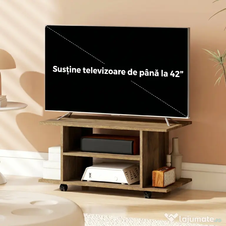 HOMCOM Suport TV Modern cu Rafturi, Roți Pivotante și Frâne, 80x40x40 cm, Nuc | Aosom Romania