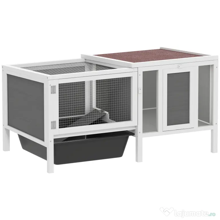 PawHut Conigliera de Exterior cu Casă, Zonă de Alergare și Tavă, Cușcă pentru Iepuri din Lemn de Brad, Metal, PET și Acoperiș din Bitum, 105 x 57.5 x 51.5 cm, Multicolor | Aosom Romania