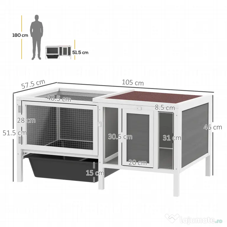 PawHut Conigliera de Exterior cu Casă, Zonă de Alergare și Tavă, Cușcă pentru Iepuri din Lemn de Brad, Metal, PET și Acoperiș din Bitum, 105 x 57.5 x 51.5 cm, Multicolor | Aosom Romania