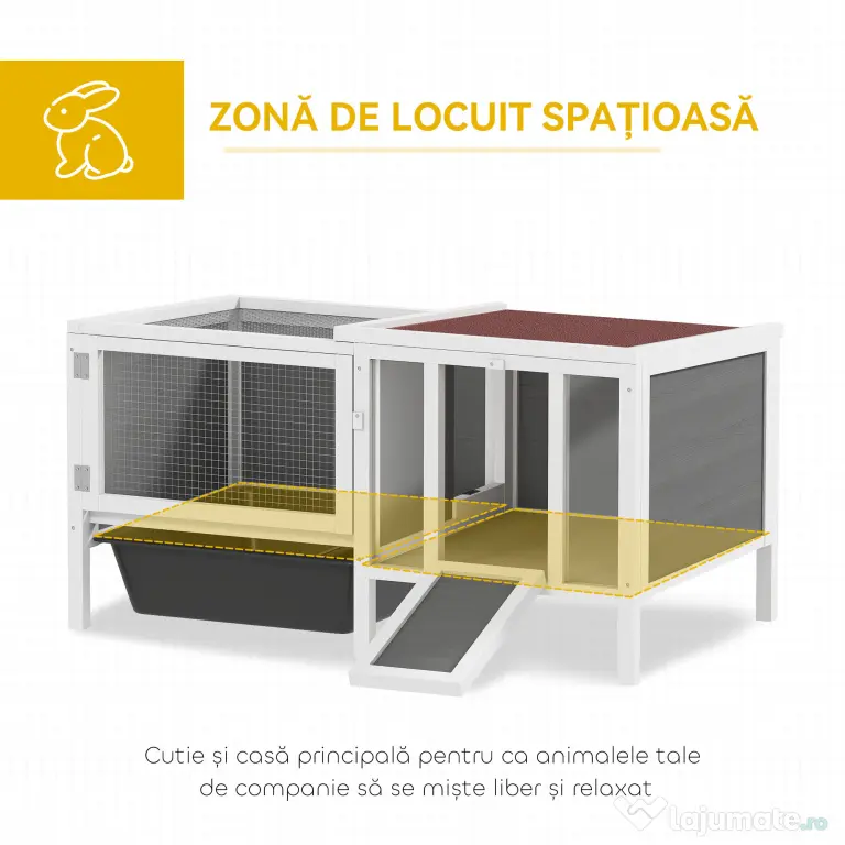 PawHut Conigliera de Exterior cu Casă, Zonă de Alergare și Tavă, Cușcă pentru Iepuri din Lemn de Brad, Metal, PET și Acoperiș din Bitum, 105 x 57.5 x 51.5 cm, Multicolor | Aosom Romania