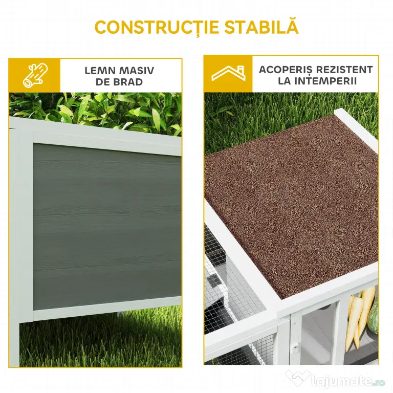 PawHut Conigliera de Exterior cu Casă, Zonă de Alergare și Tavă, Cușcă pentru Iepuri din Lemn de Brad, Metal, PET și Acoperiș din Bitum, 105 x 57.5 x 51.5 cm, Multicolor | Aosom Romania