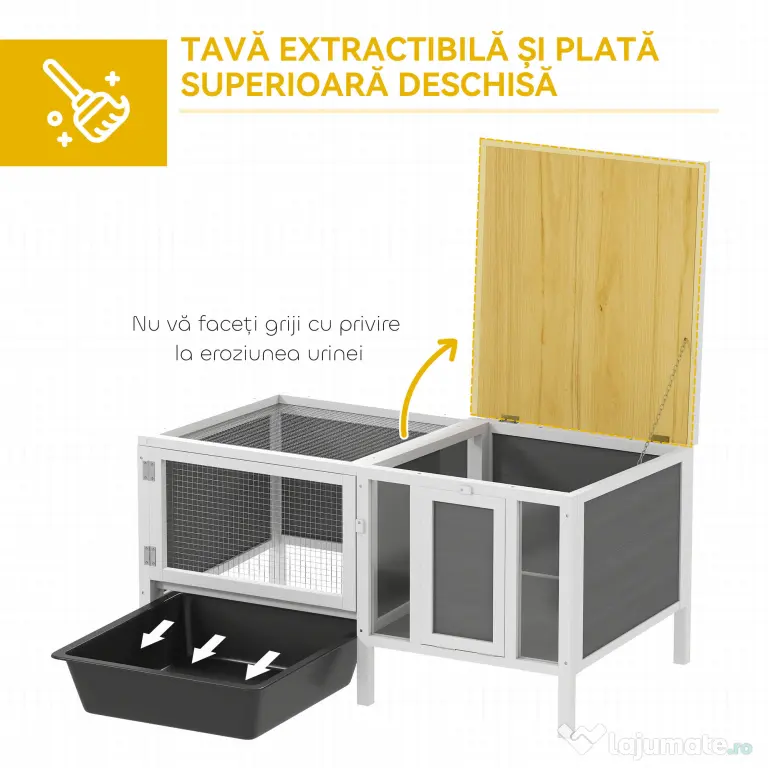 PawHut Conigliera de Exterior cu Casă, Zonă de Alergare și Tavă, Cușcă pentru Iepuri din Lemn de Brad, Metal, PET și Acoperiș din Bitum, 105 x 57.5 x 51.5 cm, Multicolor | Aosom Romania