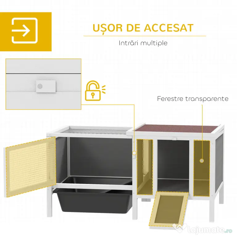 PawHut Conigliera de Exterior cu Casă, Zonă de Alergare și Tavă, Cușcă pentru Iepuri din Lemn de Brad, Metal, PET și Acoperiș din Bitum, 105 x 57.5 x 51.5 cm, Multicolor | Aosom Romania