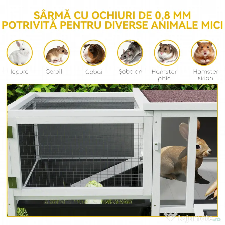 PawHut Conigliera de Exterior cu Casă, Zonă de Alergare și Tavă, Cușcă pentru Iepuri din Lemn de Brad, Metal, PET și Acoperiș din Bitum, 105 x 57.5 x 51.5 cm, Multicolor | Aosom Romania