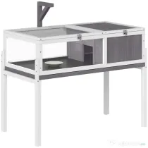 PawHut Căsuță Înalțată pentru Țestoase cu Separator, Tavă Detașabilă și 2 Capace, Tartarughieră din Lemn de Brad și PS, 104x53x82 cm, Gri și Alb | Aosom Romania