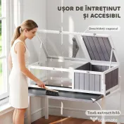 PawHut Căsuță Înalțată pentru Țestoase cu Separator, Tavă Detașabilă și 2 Capace, Tartarughieră din Lemn de Brad și PS, 104x53x82 cm, Gri și Alb | Aosom Romania