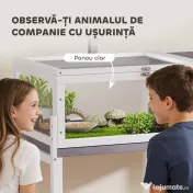 PawHut Căsuță Înalțată pentru Țestoase cu Separator, Tavă Detașabilă și 2 Capace, Tartarughieră din Lemn de Brad și PS, 104x53x82 cm, Gri și Alb | Aosom Romania