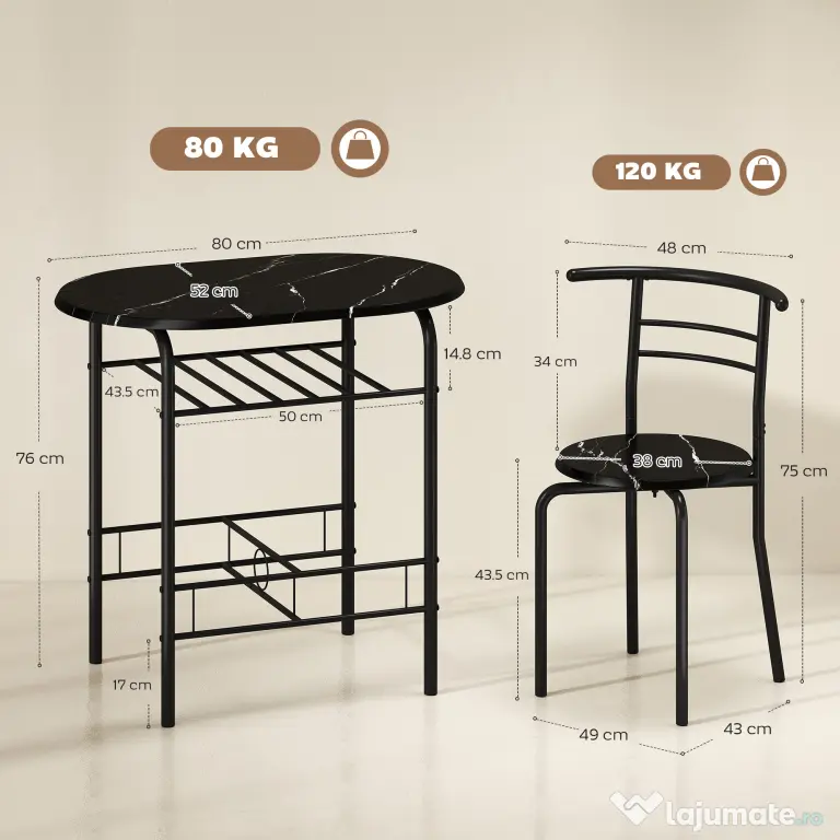 HOMCOM Set Masă Modernă cu 2 Scaune pentru Dining, Set 3 Piese Economisitoare de Spațiu pentru Bucătărie, Balcon, Restaurant sau Bar, Maro și Negru | Aosom Romania