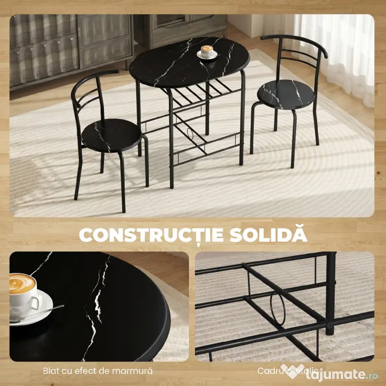HOMCOM Set Masă Modernă cu 2 Scaune pentru Dining, Set 3 Piese Economisitoare de Spațiu pentru Bucătărie, Balcon, Restaurant sau Bar, Maro și Negru | Aosom Romania