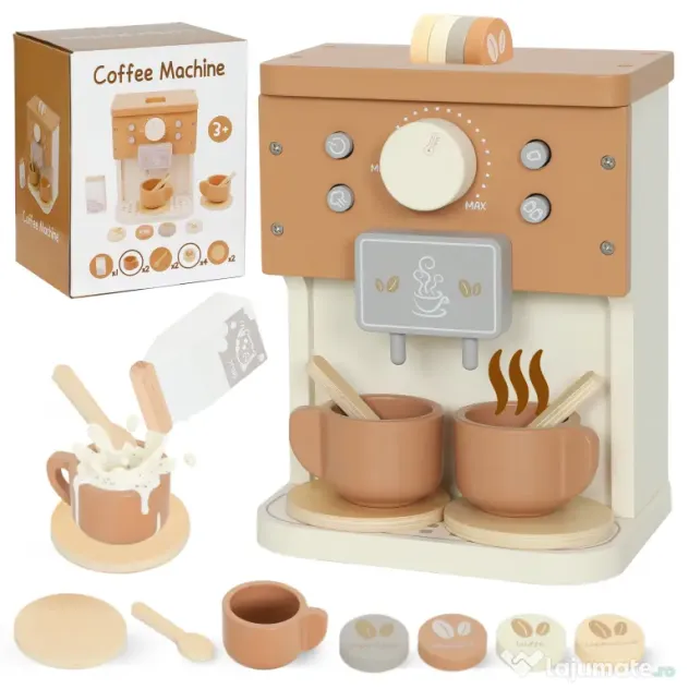 AIYAPLAY Set de joacă cu mașină de cafea din lemn, pentru copii de 3 ani cu accesorii, Maro | Aosom Romania
