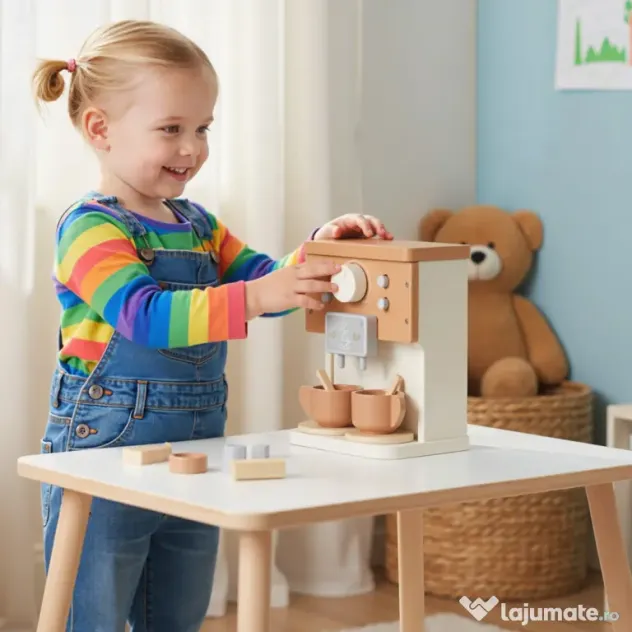 AIYAPLAY Set de joacă cu mașină de cafea din lemn, pentru copii de 3 ani cu accesorii, Maro | Aosom Romania
