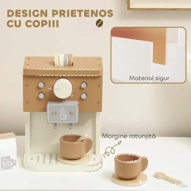 AIYAPLAY Set de joacă cu mașină de cafea din lemn, pentru copii de 3 ani cu accesorii, Maro | Aosom Romania
