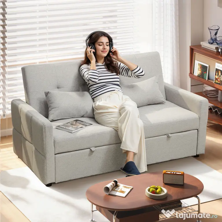 HOMCOM Canapea Pat cu Design Extensibil Clic Clac pentru 2 Locuri - Gri Deschis | Aosom Romania