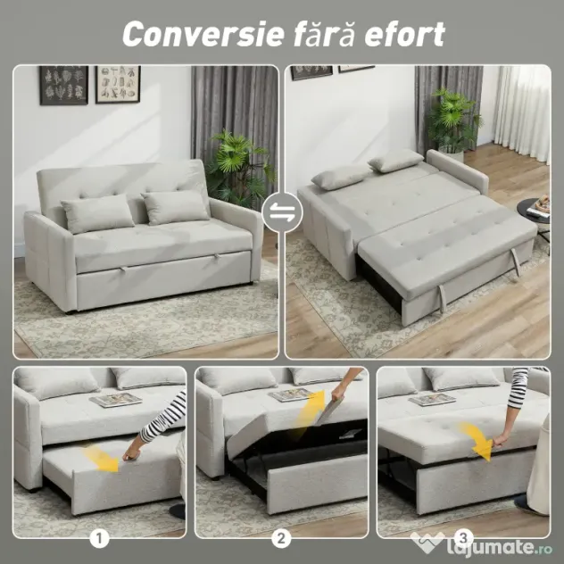 HOMCOM Canapea Pat cu Design Extensibil Clic Clac pentru 2 Locuri - Gri Deschis | Aosom Romania