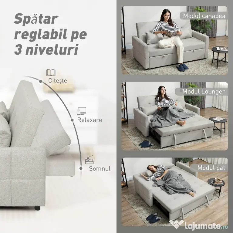 HOMCOM Canapea Pat cu Design Extensibil Clic Clac pentru 2 Locuri - Gri Deschis | Aosom Romania