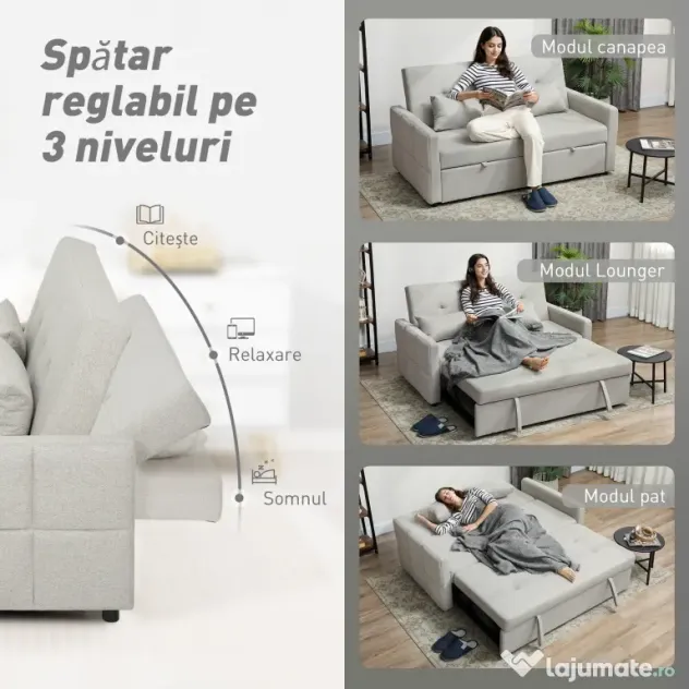 HOMCOM Canapea Pat cu Design Extensibil Clic Clac pentru 2 Locuri - Gri Deschis | Aosom Romania