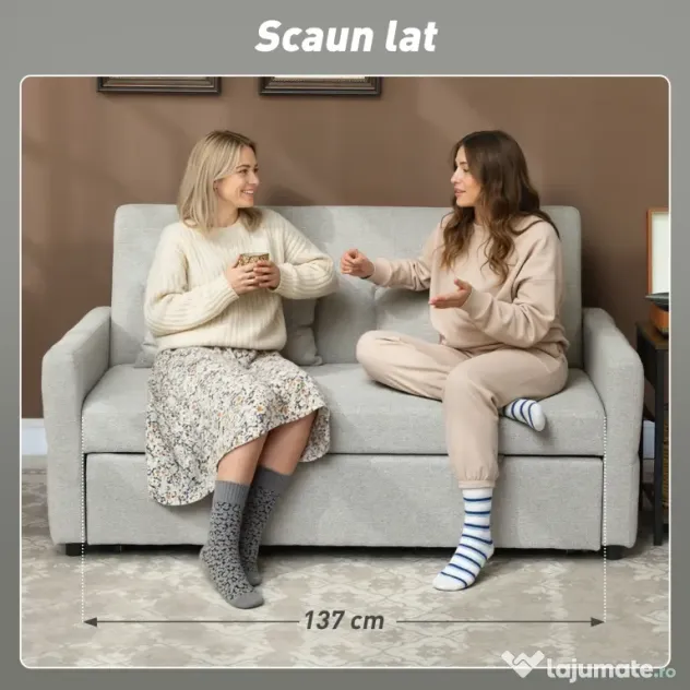 HOMCOM Canapea Pat cu Design Extensibil Clic Clac pentru 2 Locuri - Gri Deschis | Aosom Romania
