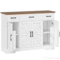 HOMCOM Bufet Bucătărie Rustic, Bufet cu Uși Soft-Close, 3 Sertare, 3 Rafturi Reglabile, Portaspecii, PAL, MDF, Alb