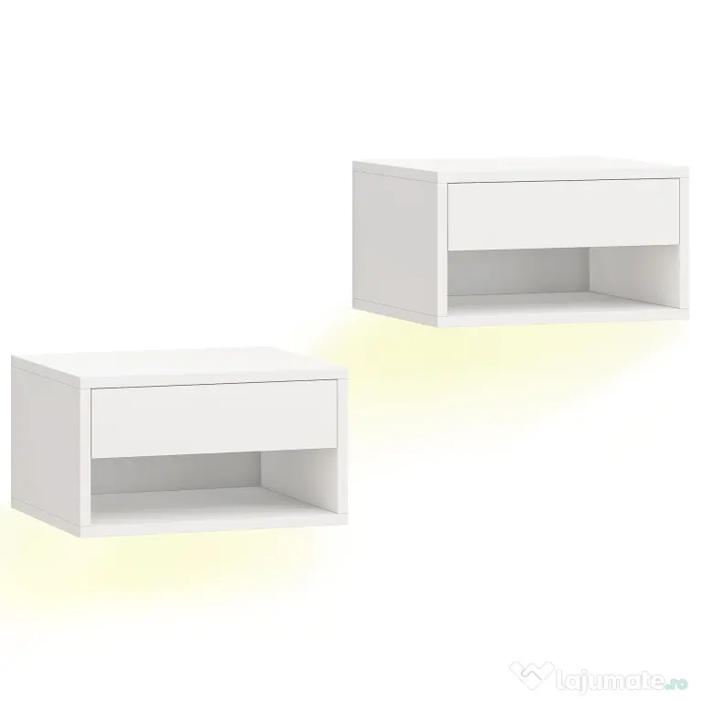 HOMCOM Set 2 Noptiere Suspendate cu LED RGB Integrat și Reglabil prin Aplicație, Sertar și Raft, 37x32x21 cm, Alb | Aosom Romania