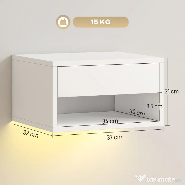 HOMCOM Set 2 Noptiere Suspendate cu LED RGB Integrat și Reglabil prin Aplicație, Sertar și Raft, 37x32x21 cm, Alb | Aosom Romania