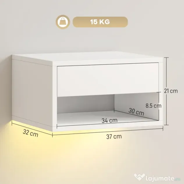 HOMCOM Set 2 Noptiere Suspendate cu LED RGB Integrat și Reglabil prin Aplicație, Sertar și Raft, 37x32x21 cm, Alb | Aosom Romania