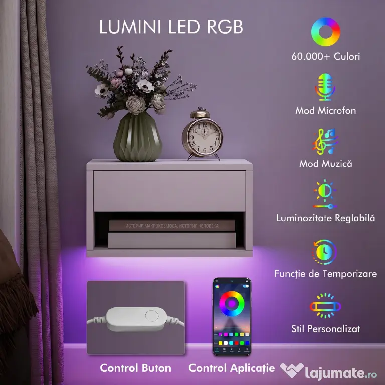 HOMCOM Set 2 Noptiere Suspendate cu LED RGB Integrat și Reglabil prin Aplicație, Sertar și Raft, 37x32x21 cm, Alb | Aosom Romania