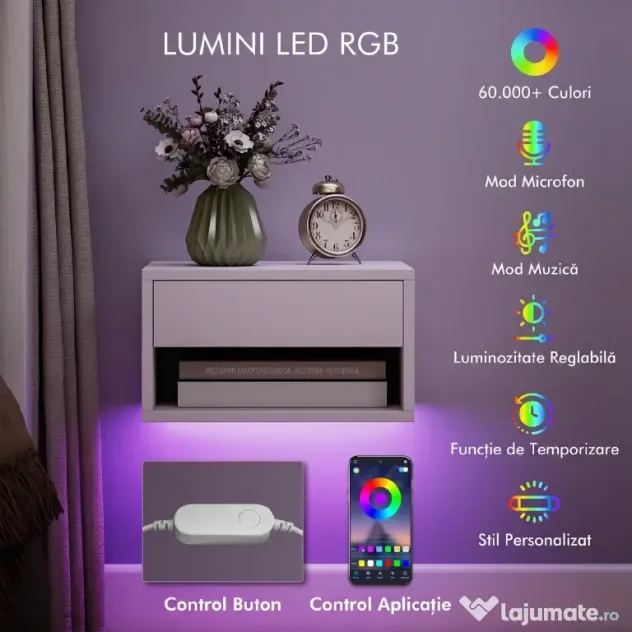 HOMCOM Set 2 Noptiere Suspendate cu LED RGB Integrat și Reglabil prin Aplicație, Sertar și Raft, 37x32x21 cm, Alb | Aosom Romania