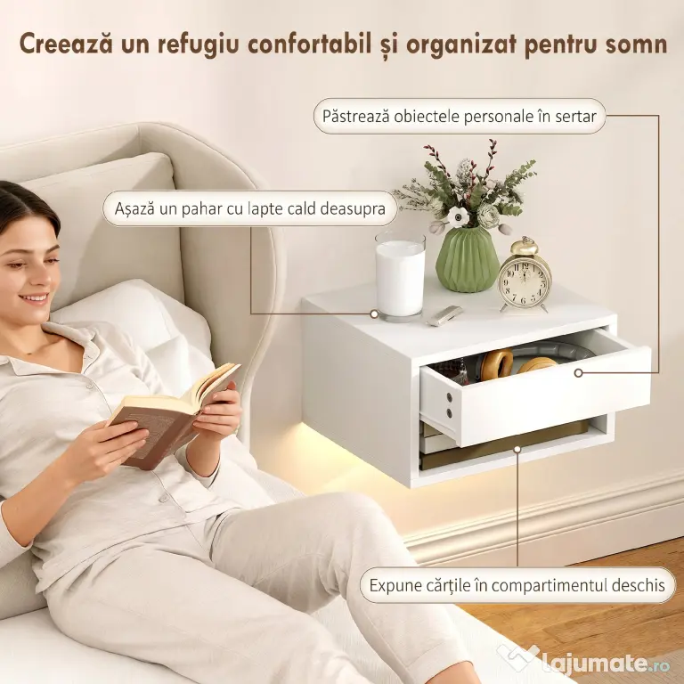 HOMCOM Set 2 Noptiere Suspendate cu LED RGB Integrat și Reglabil prin Aplicație, Sertar și Raft, 37x32x21 cm, Alb | Aosom Romania