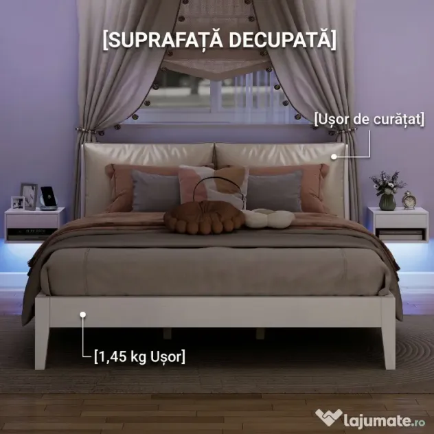 HOMCOM Set 2 Noptiere Suspendate cu LED RGB Integrat și Reglabil prin Aplicație, Sertar și Raft, 37x32x21 cm, Alb | Aosom Romania