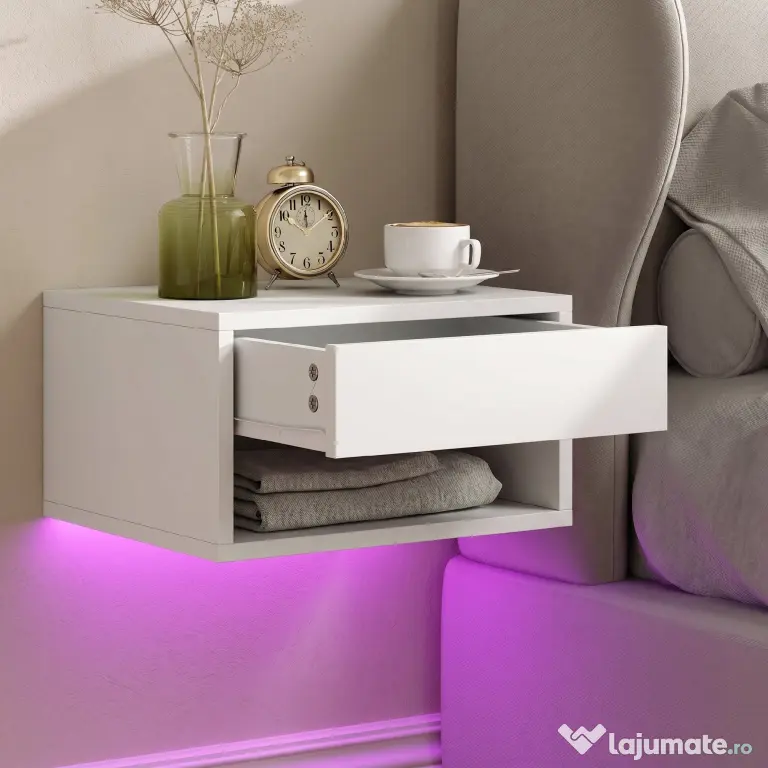 HOMCOM Set 2 Noptiere Suspendate cu LED RGB Integrat și Reglabil prin Aplicație, Sertar și Raft, 37x32x21 cm, Alb | Aosom Romania