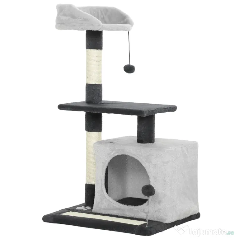 PawHut Ansamblu de joacă pentru pisici cu căsuță, Culcuș, Stâlpi și Covor, 85cm, Gri | Aosom Romania