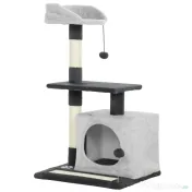 PawHut Ansamblu de joacă pentru pisici cu căsuță, Culcuș, Stâlpi și Covor, 85cm, Gri | Aosom Romania