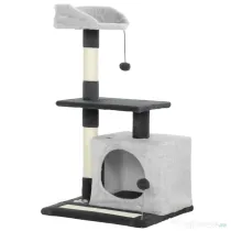 PawHut Ansamblu de joacă pentru pisici cu căsuță, Culcuș, Stâlpi și Covor, 85cm, Gri | Aosom Romania