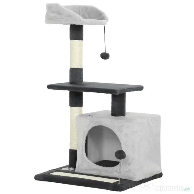 PawHut Ansamblu de joacă pentru pisici cu căsuță, Culcuș, Stâlpi și Covor, 85cm, Gri | Aosom Romania
