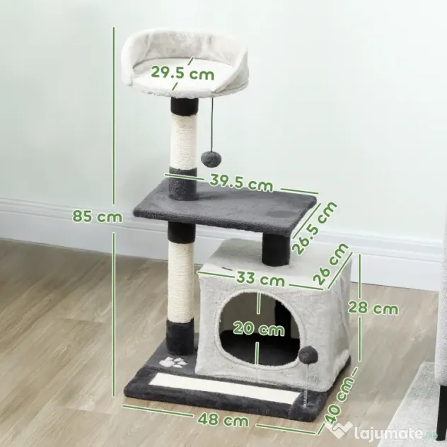 PawHut Ansamblu de joacă pentru pisici cu căsuță, Culcuș, Stâlpi și Covor, 85cm, Gri | Aosom Romania