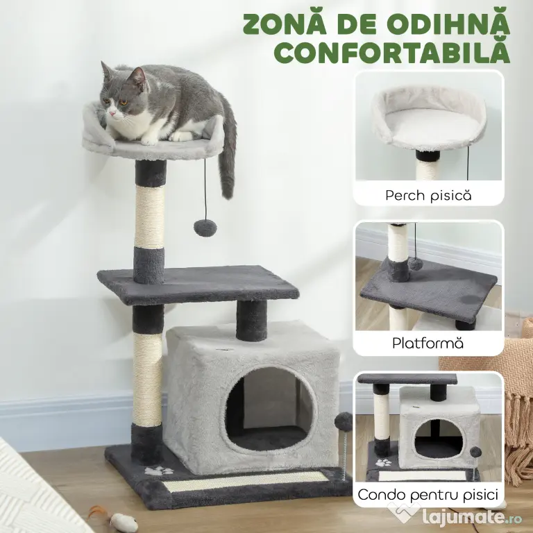 PawHut Ansamblu de joacă pentru pisici cu căsuță, Culcuș, Stâlpi și Covor, 85cm, Gri | Aosom Romania