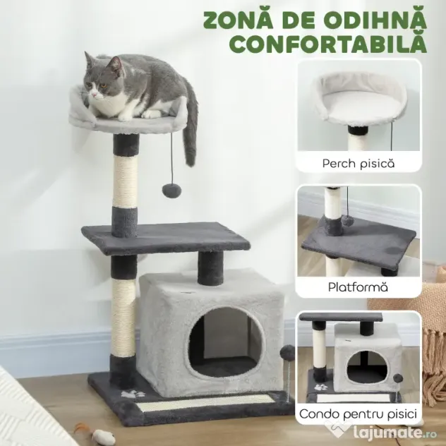 PawHut Ansamblu de joacă pentru pisici cu căsuță, Culcuș, Stâlpi și Covor, 85cm, Gri | Aosom Romania