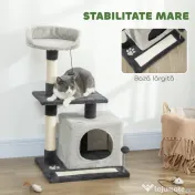 PawHut Ansamblu de joacă pentru pisici cu căsuță, Culcuș, Stâlpi și Covor, 85cm, Gri | Aosom Romania